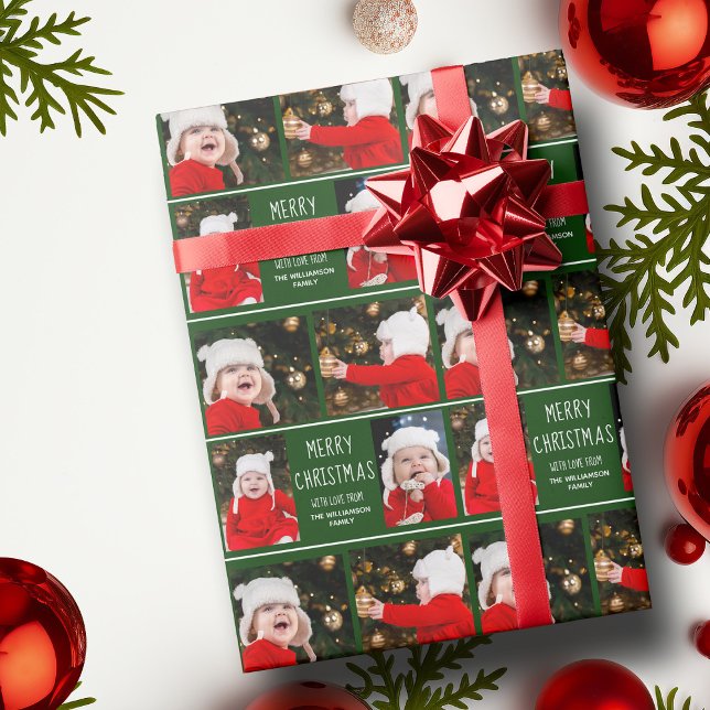 Papier Cadeau Joyeux Noël Photo Collage Vert personnalisé (Créateur téléchargé)