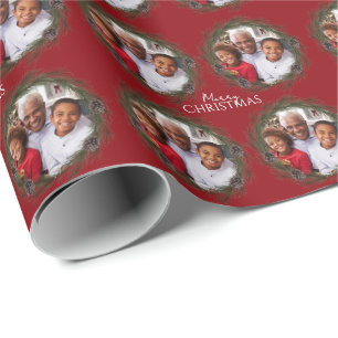 Papier Cadeau Joyeux Noël Photo Wreath Red Christmas