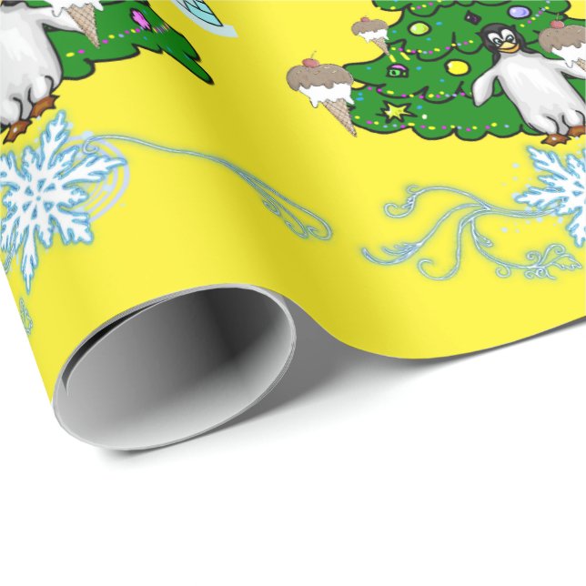 Papier Cadeau Joyeux Noël Pingouin papier à enveloppement jaune (Coin rond)
