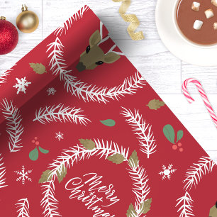 Papier Cadeau Joyeux Noël Reindeer Wreath Holiday Red