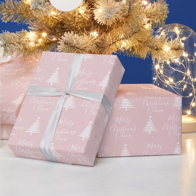 Papier Cadeau Joyeux Noël rose vif personnalisé (Vacances)