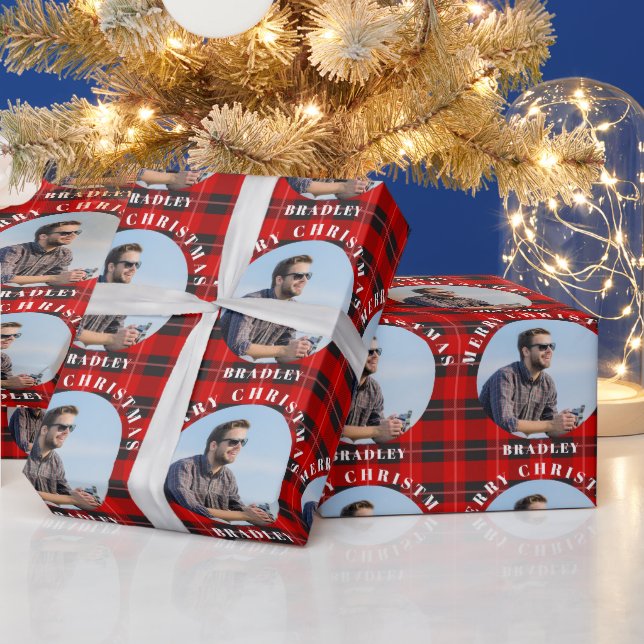 Papier Cadeau Joyeux Noël Rouge Plaid Nom de la photo personnali (Vacances)