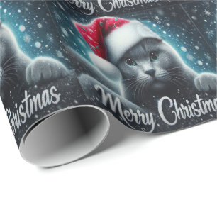 Papier Cadeau Joyeux Noël Russe bleu Chat, Noël Père Noël Chat