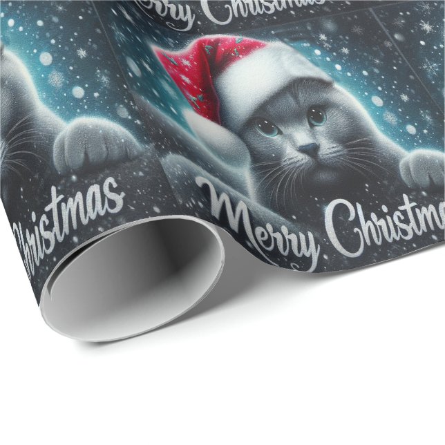 Papier Cadeau Joyeux Noël Russe bleu Chat, Noël Père Noël Chat (Coin rond)