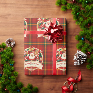 Papier Cadeau Joyeux Noël Santa Mignon Carreaux Rouges Nom Perso