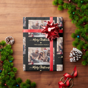 Papier Cadeau Joyeux Noël Script Black Gold Photo Collage