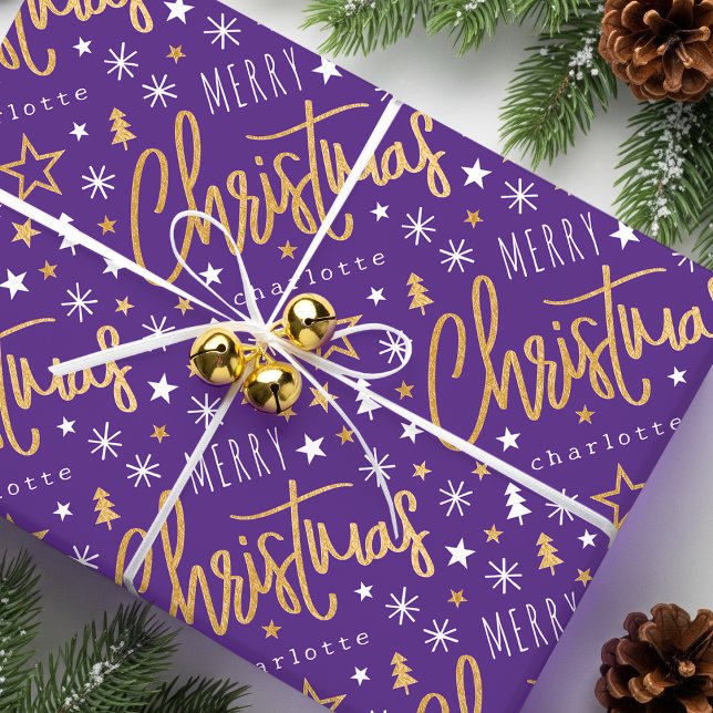 Papier Cadeau Joyeux Noël Script personnalisé violet Faux Or (Créateur téléchargé)