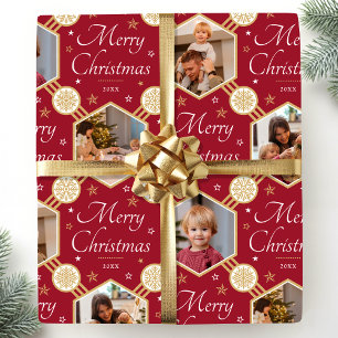 Papier Cadeau Joyeux Noël Snowflake Photo Deep Red Gold
