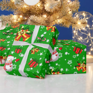 Papier Cadeau Joyeux Noël Snowman Christmas Bells Star Green
