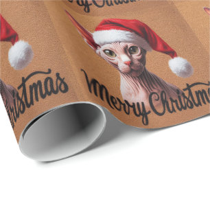 Papier Cadeau Joyeux Noël Sphynx Chat, Xmas Père Noël Sphynx