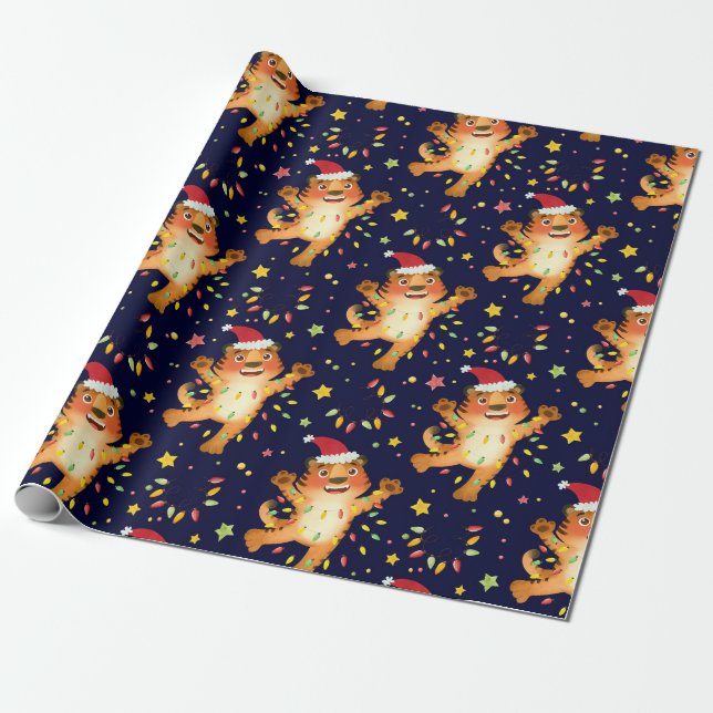 Papier Cadeau Joyeux Noël Tiger Père Noël papier enveloppant (Déroulé)