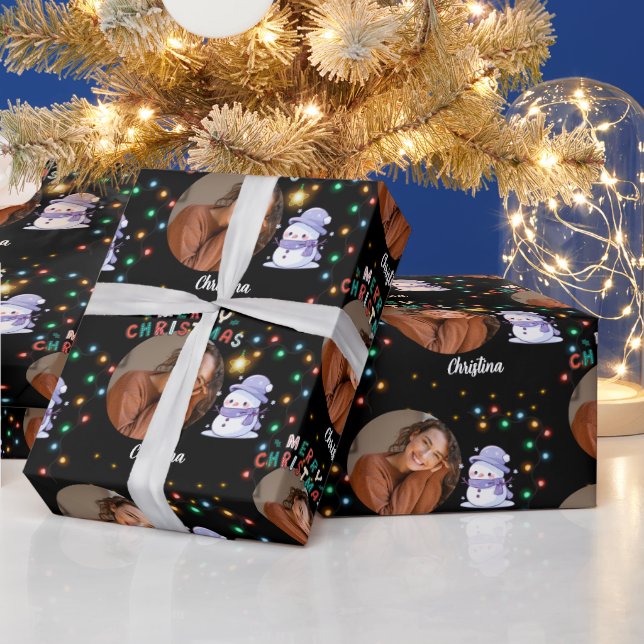 Papier Cadeau Joyeux Noël un cercle photo et nom bonhomme de nei (Vacances)