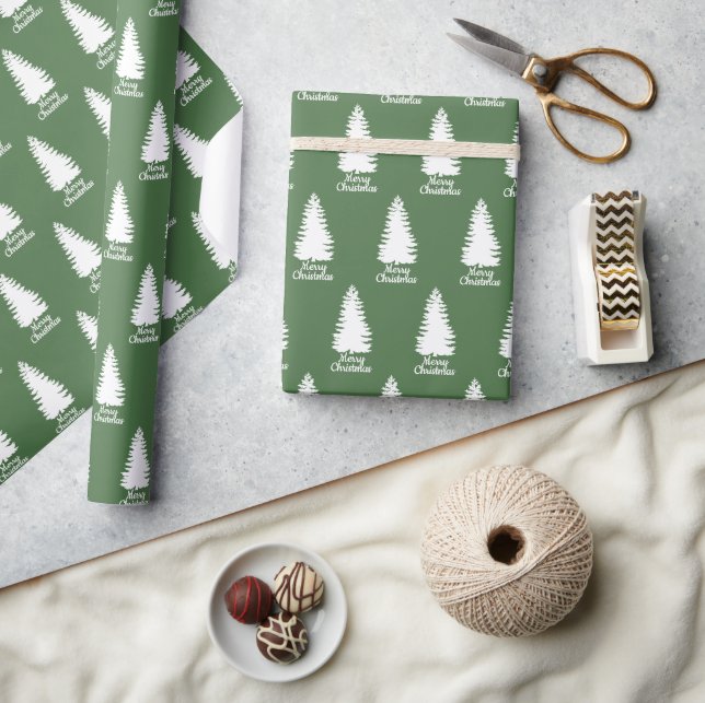 Papier Cadeau Joyeux Noël vert & blanc Arbre de Noël (Artisanat)