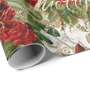 Papier Cadeau Joyeux Noël Vieux Script Rose Marbre Rouge Or