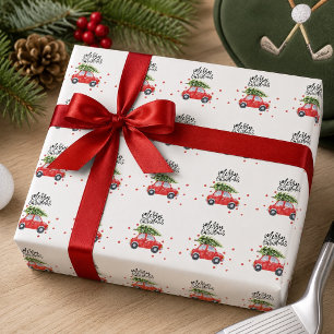 Papier Cadeau Joyeux Noël voiture rouge avec sapin de Noël