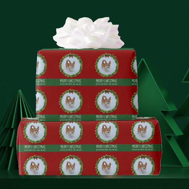 Papier Cadeau Joyeux Noël Wreath mignon Custom Chien Photo Rouge (Créateur téléchargé)