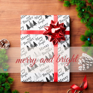 Papier Cadeau Joyeux noir et blanc et arbres de Noël brillants