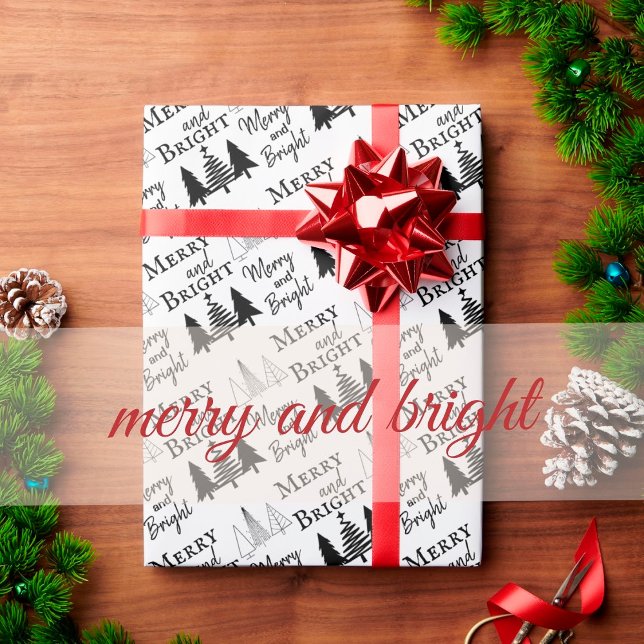 Papier Cadeau Joyeux noir et blanc et arbres de Noël brillants (Créateur téléchargé)