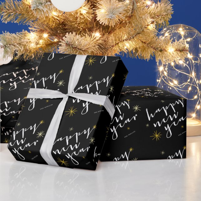 Papier Cadeau Joyeux Nouvel An Script moderne Chic Gold Starburs (Vacances)