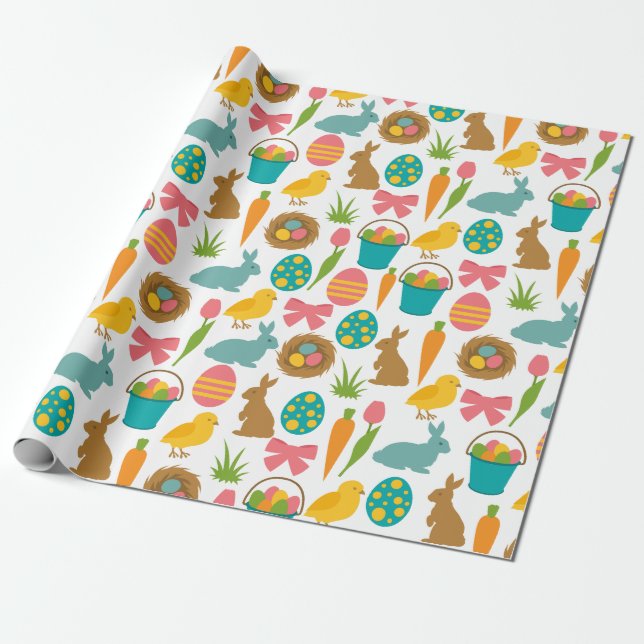 Papier Cadeau Joyeux oeufs de Pâques Poussins lapin Patten (Déroulé)