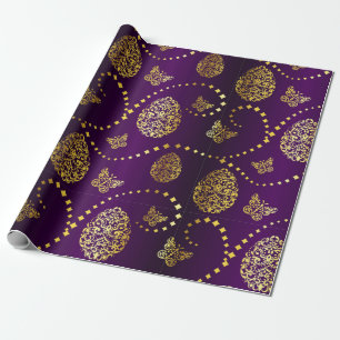 Papier Cadeau Joyeux Oeufs d'or de Pâques et papillons violets