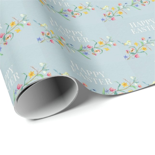Papier Cadeau Joyeux oiseaux floraux de Pâques (Coin rond)