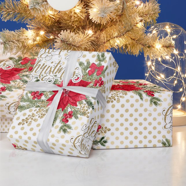 Papier Cadeau Joyeux or Noël Rouge Poinsettia (Vacances)