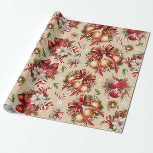 Papier Cadeau Joyeux ornement de Noël Holly Berries Poinsettia