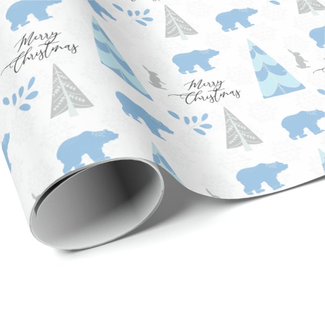 Papier Cadeau Joyeux ours polaires de Noël arbres hiver blanc (Coin rond)