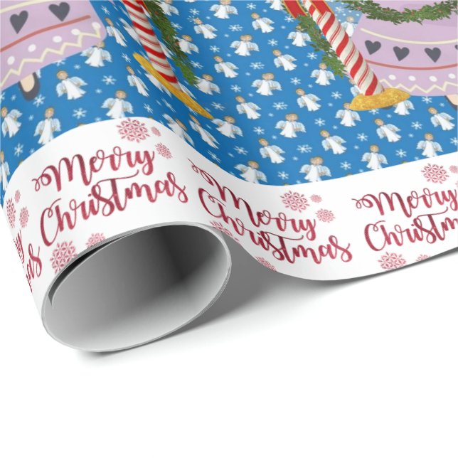 Papier Cadeau Joyeux papier à envelopper Noël Angel bleu (Coin rond)