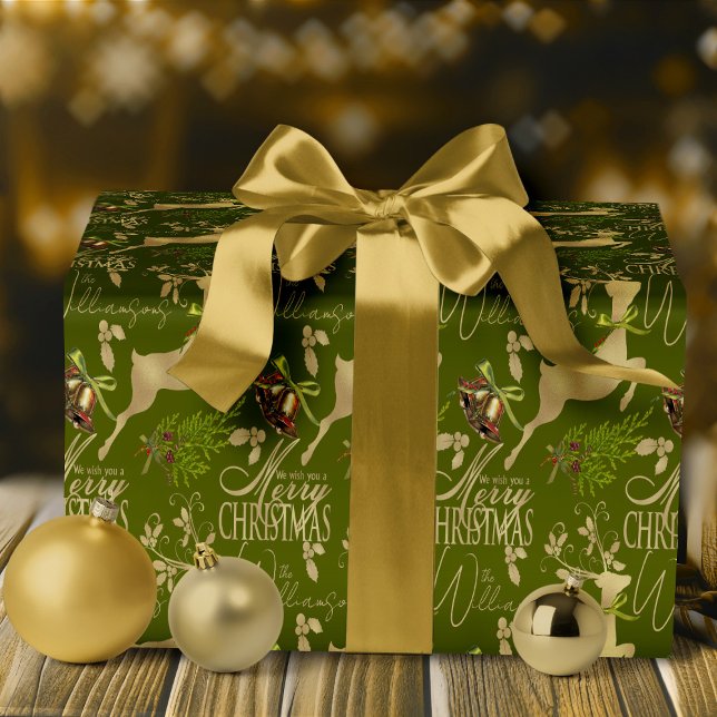 Papier Cadeau Joyeux papier d'enveloppement de Noël Élégant renn (elegant white and gold holiday reindeer with personalized name Christmas Wrapping Paper)