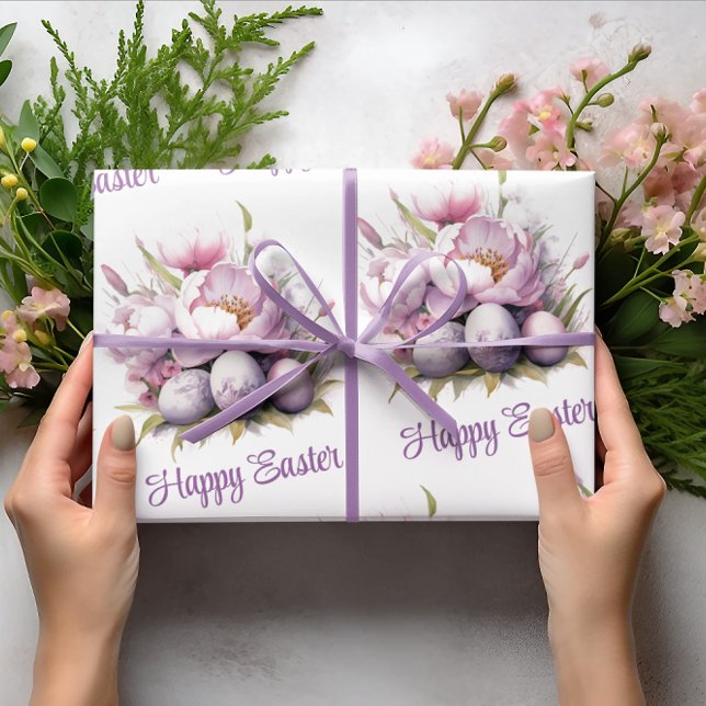 Papier Cadeau Joyeux Pâques | Oeufs de Pâques et pivoines | Pâqu (Créateur téléchargé)