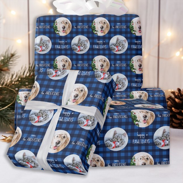Papier Cadeau Joyeux Pawlidays Blue Holiday Plaid Chat Dog Photo (Créateur téléchargé)