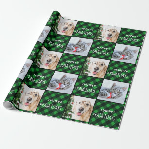 Papier Cadeau Joyeux Pawlidays Green Buffalo Plaid Chien Pet Ani