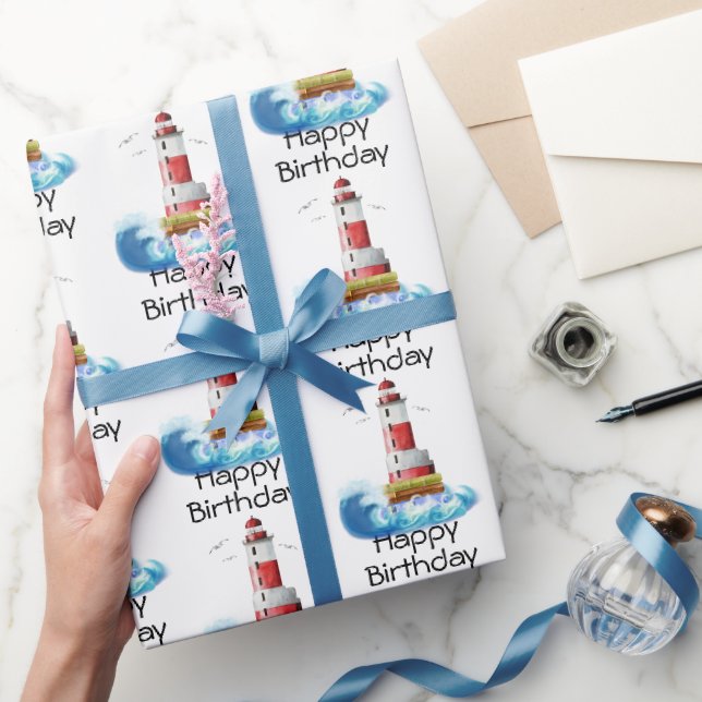 Papier Cadeau Joyeux phares d'anniversaire sur blanc (Cadeaux)