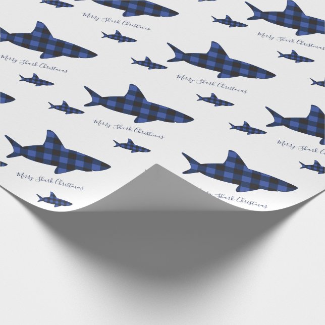 Papier Cadeau Joyeux requin de Noël Bleu Buffalo noir Plaid (Coin)