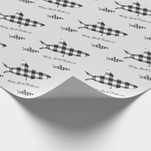 Papier Cadeau Joyeux requin de Noël Noir Blanc Buffalo Plaid