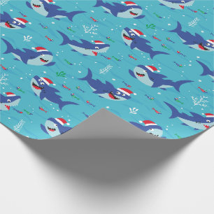 Papier Cadeau Joyeux requins de Noël sur bleu