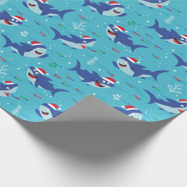 Papier Cadeau Joyeux requins de Noël sur bleu (Coin)