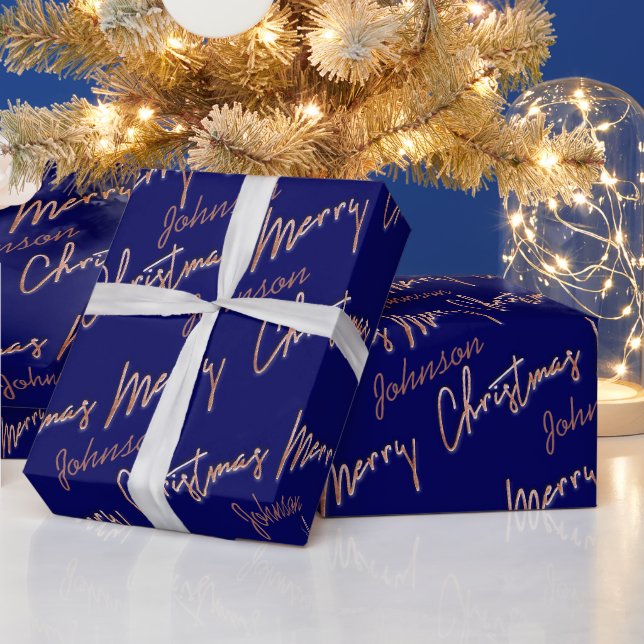Papier Cadeau Joyeux Rose de Noël Gold Script de Nom Marine (Vacances)