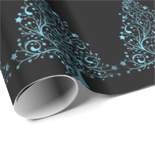 Papier Cadeau Joyeux sapin de Noël étoiles Black Metallic Bleu