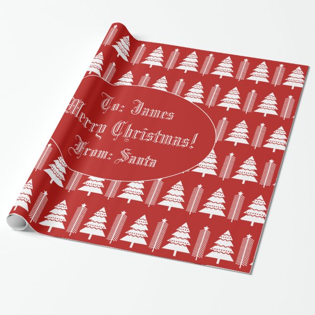 Papier Cadeau Joyeux sapin de Noël Motif moderne rouge et blanc (Déroulé)