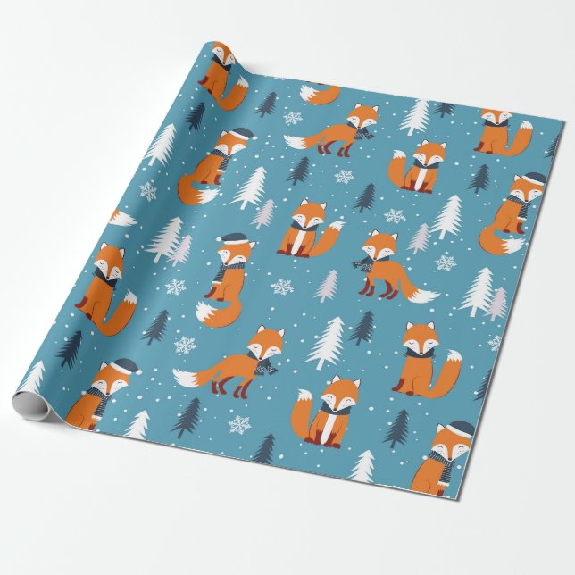 Papier Cadeau Joyeux sapin de Noël renard de neige blanc bleu (Déroulé)