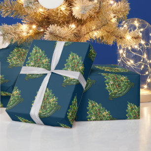 Papier Cadeau Joyeux sapin de Noël Rustique Vintage Bleu classiq