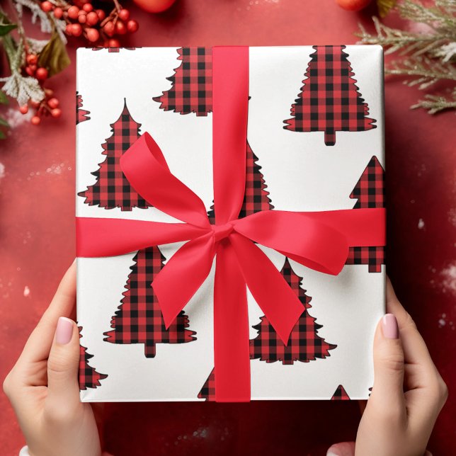 Papier Cadeau Joyeux sapin de Noël Simple Buffalo Check Motif (Buffalo check pattern Christmas trees wrapping paper. )