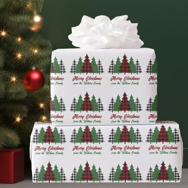 Papier Cadeau Joyeux sapins rouges rustiques Customisés (Créateur téléchargé)