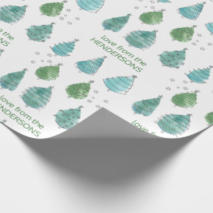 Papier Cadeau Joyeux sapins verts de Noël personnalisés