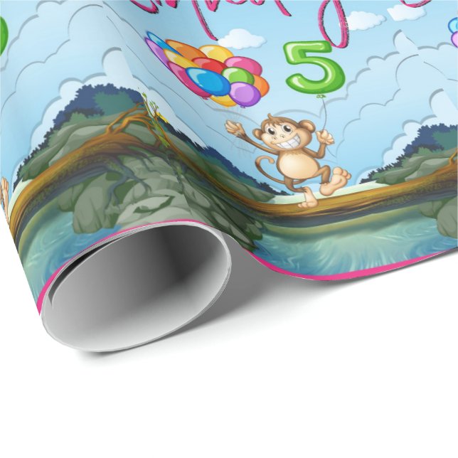 Papier Cadeau Joyeux singe du 5e anniversaire (Coin rond)