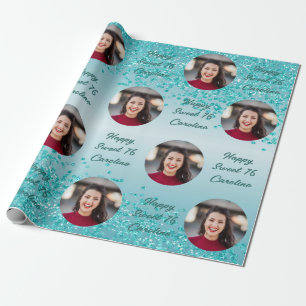 Papier Cadeau Joyeux Sweet 16 Paillettes Bleu Sarcelle Tombant &