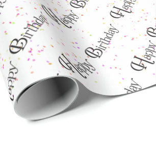 Papier Cadeau Joyeux texte d'anniversaire avec confetti en blanc